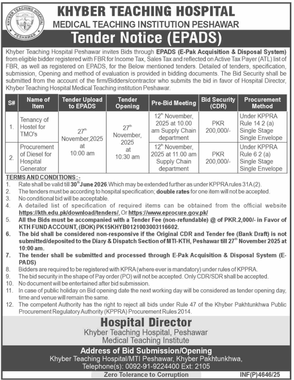 Khyber Teaching Hospital Medical Teaching Institute Peshawar Tender Notice